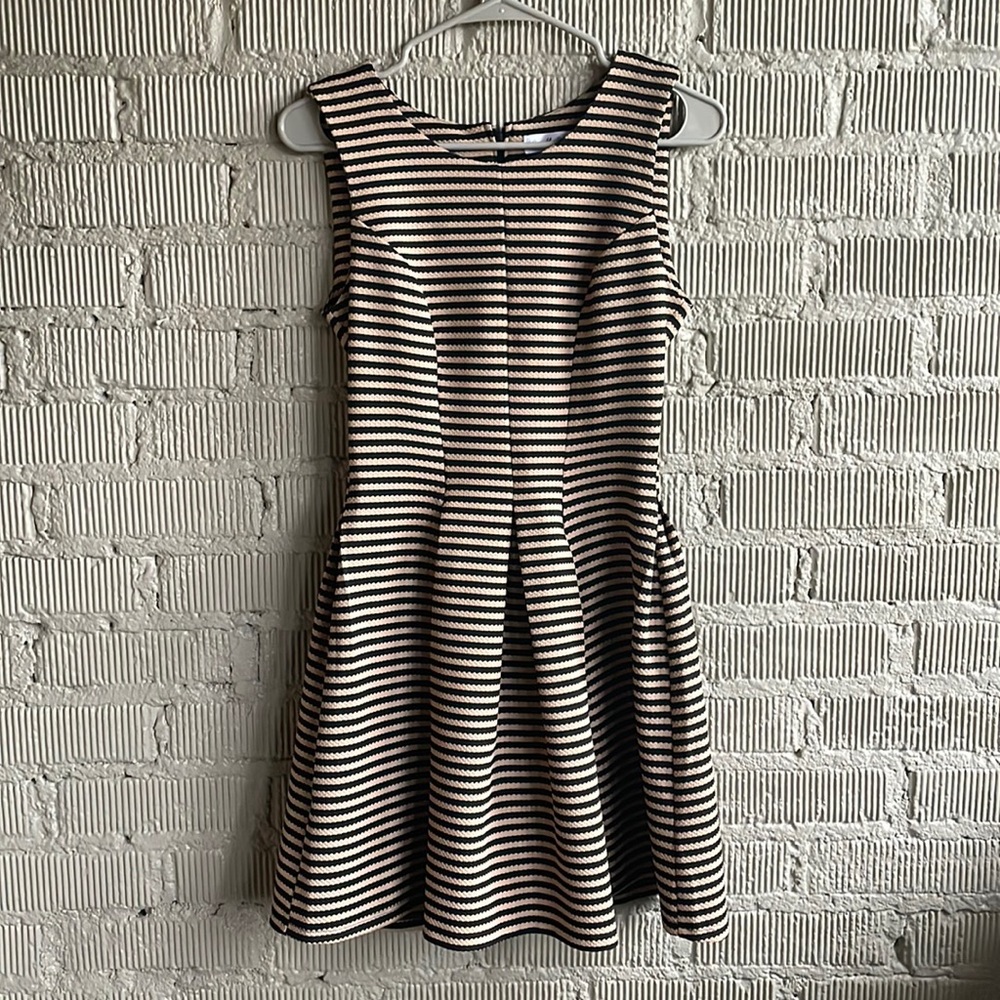 Francesca’s structured cocktail dress tan and black stripes